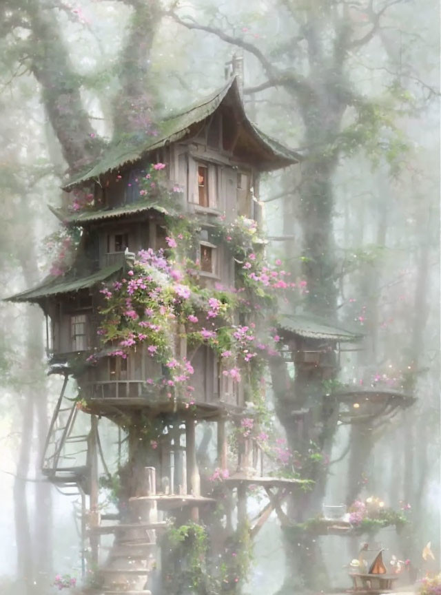 Whimsical multi-level treehouse in misty forest with pink flowers & wooden ladder