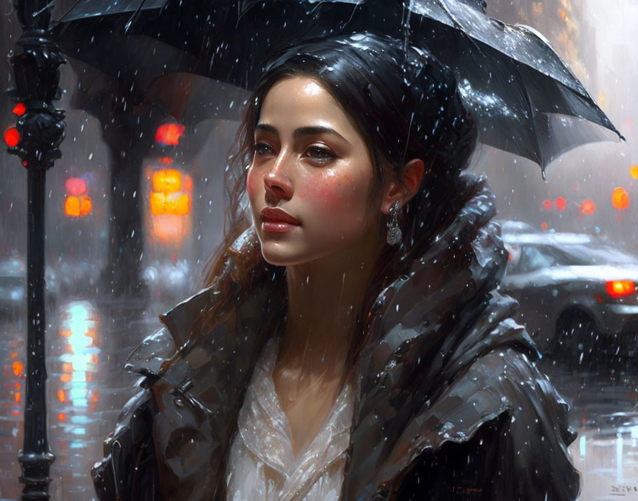 Woman with umbrella in city rain, gazing pensively.