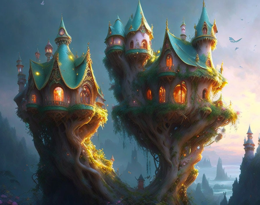 Magical Treehouses in Lush Forest at Dusk