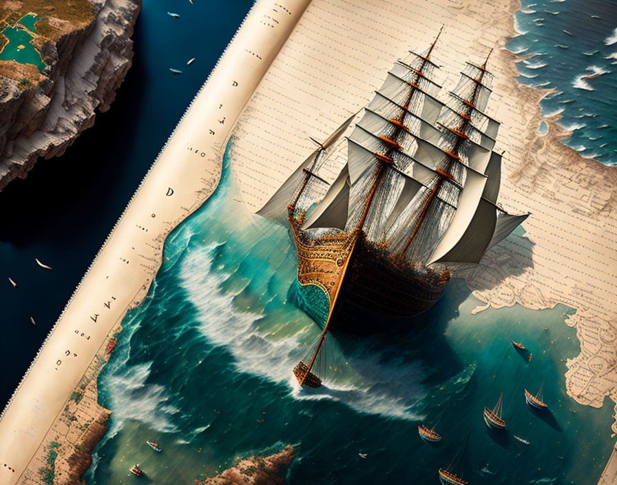 Vintage tall ship sailing on sea transitioning into map with compass overlay and cliffs