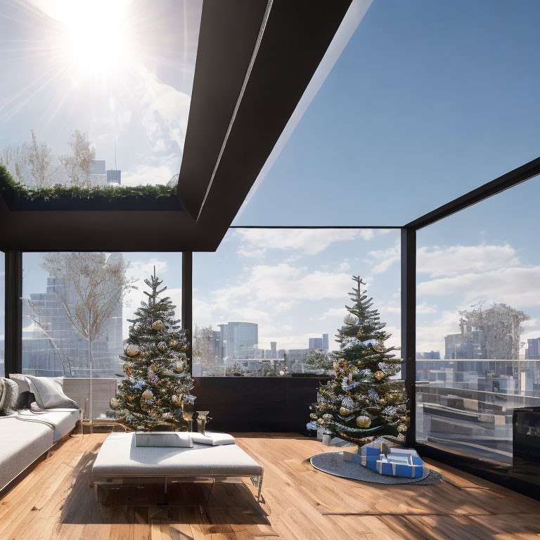 Contemporary balcony with glass railings, Christmas trees, presents, cityscape view, and sunny sky