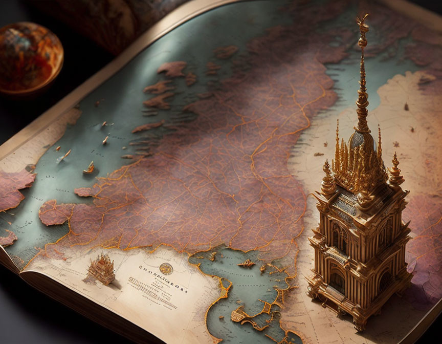 Detailed 3D vintage atlas with realistic topography and golden tower on dark background