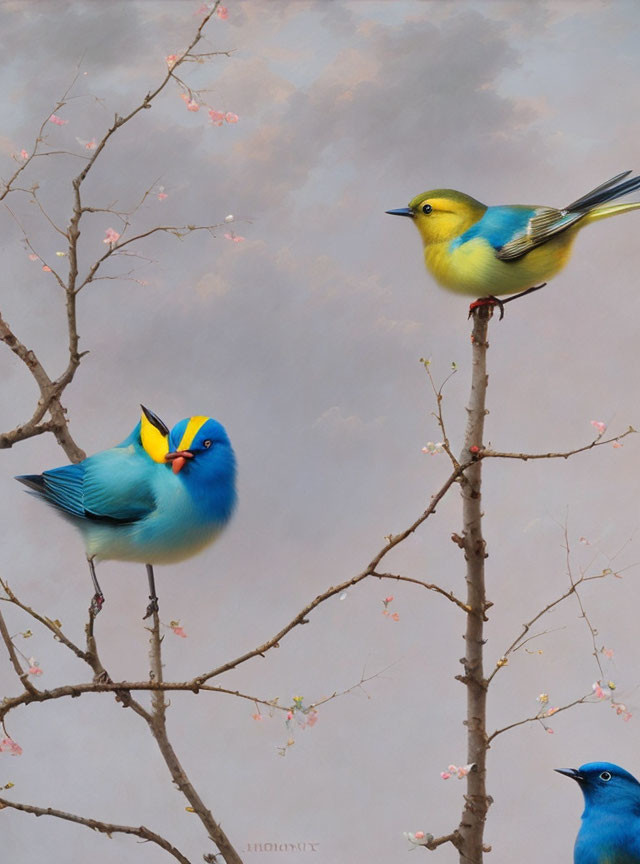 Vibrant Birds on Branches with Pink Flowers and Cloudy Sky