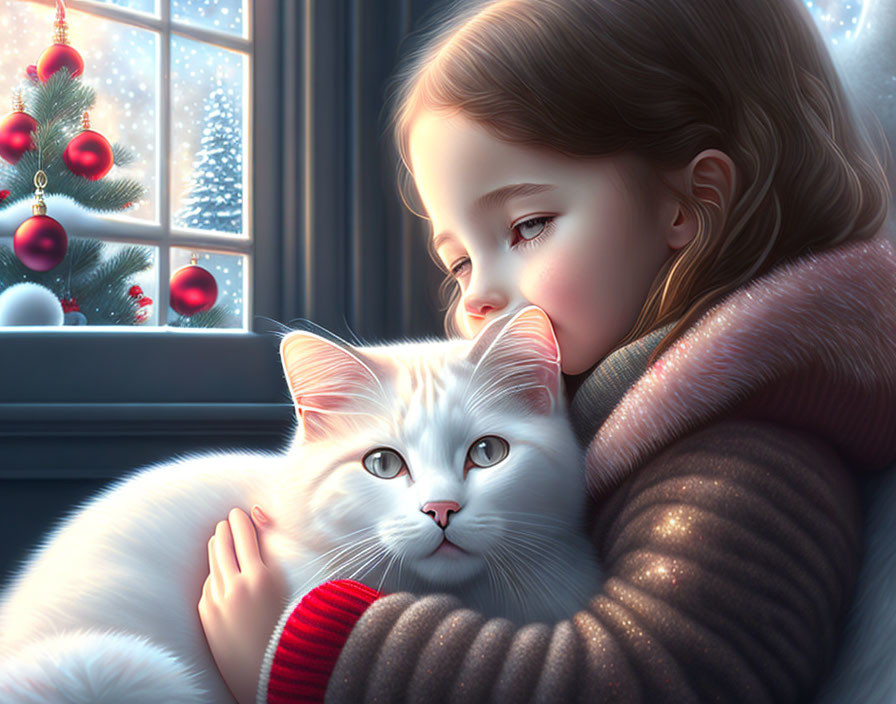 Girl cuddles white cat by snowy window with Christmas tree view