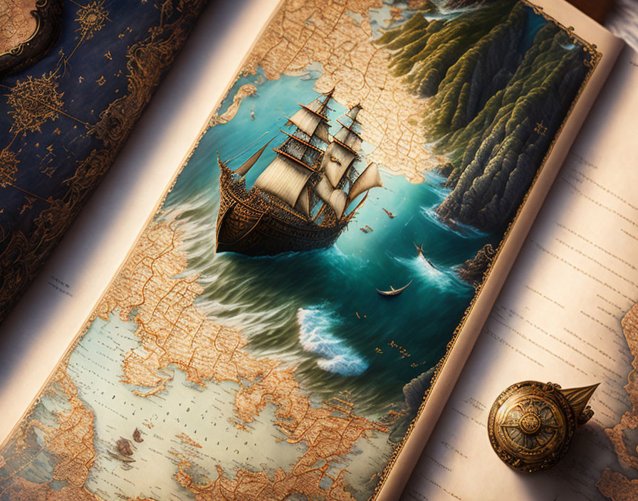 Detailed Vintage Map Illustration with Sailing Ship and Compass
