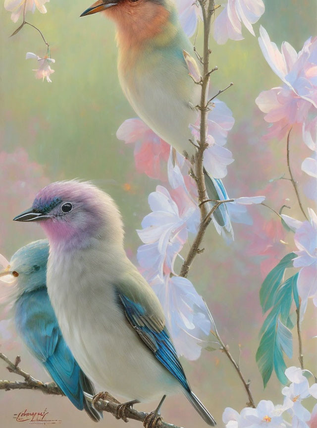 Colorful Birds on Blooming Branch with Pink and Blue Feathers