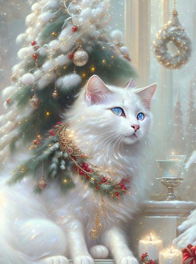 Fluffy white cat beside decorated Christmas tree with lights and snowflakes