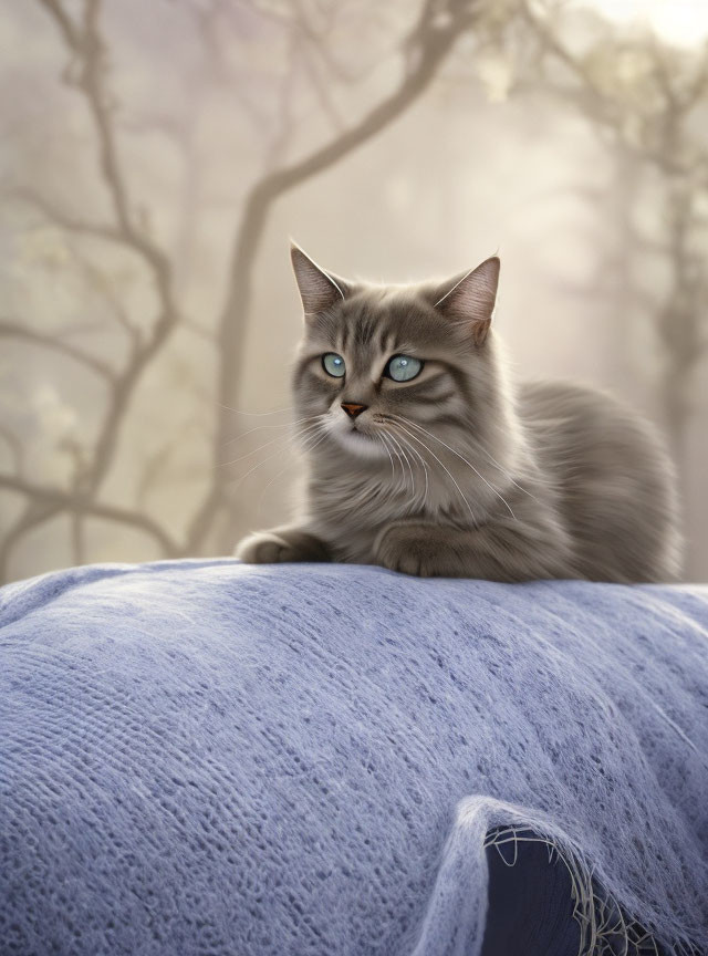 Blue-eyed Cat Relaxing on Purple Knitted Blanket