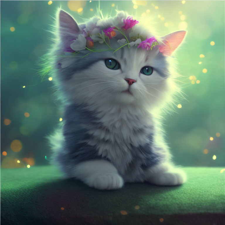 Fluffy kitten with flower crown in dreamy green backdrop