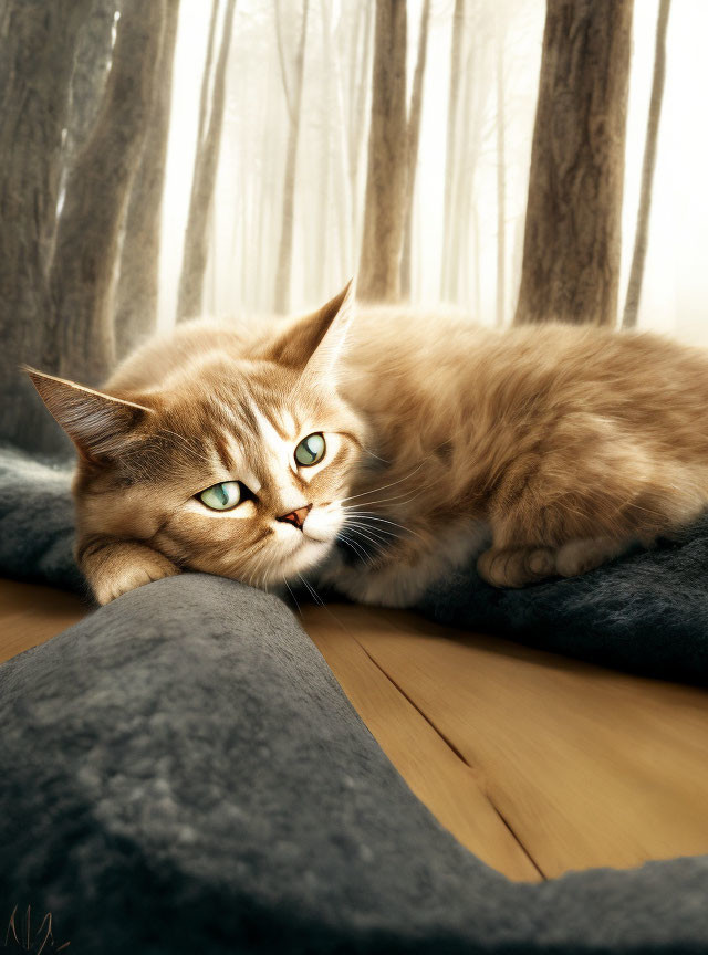 Fluffy light-brown cat with green eyes on grey blanket near sunlight-filtered curtains