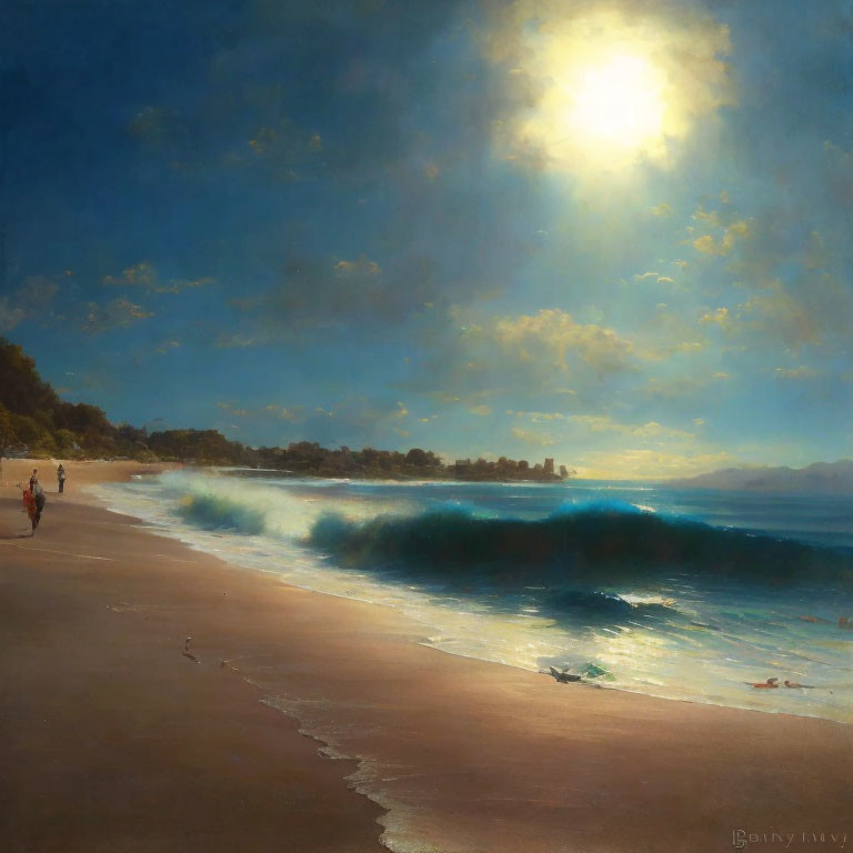 Serene beach landscape with sunlight, frothy waves, sandy shore, distant figures, and city skyline