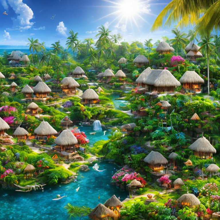 Tropical village with thatched huts, lush greenery, blooming flowers, and blue water