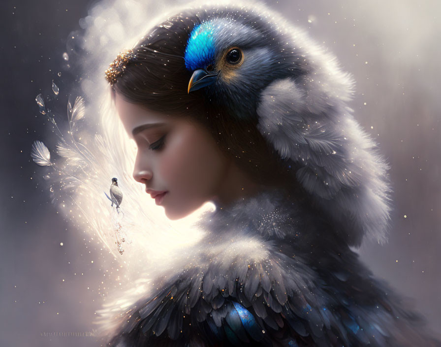 ELEGANT YOUNG WOMAN PORTRAIT WITH BIRD