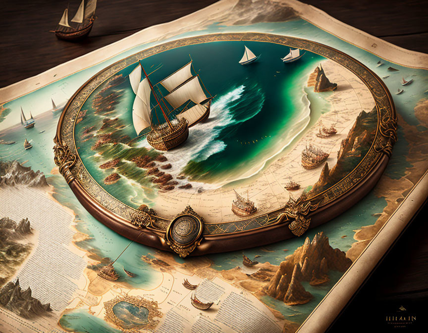 Fantasy-themed illustration of ships in whirlpool on ancient map