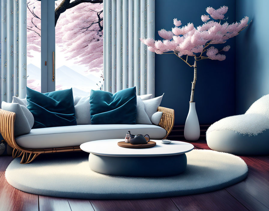 Modern sofa, cushions, cherry blossoms, round table, decor, and soft rug in cozy interior