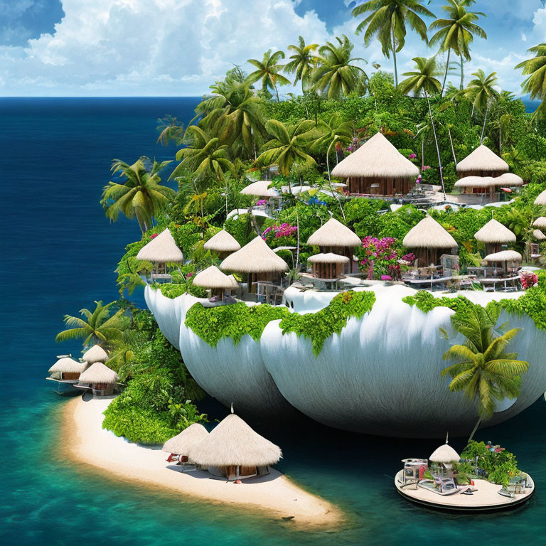 Thatched-Roof Villas on Cliff-Edged Tropical Island