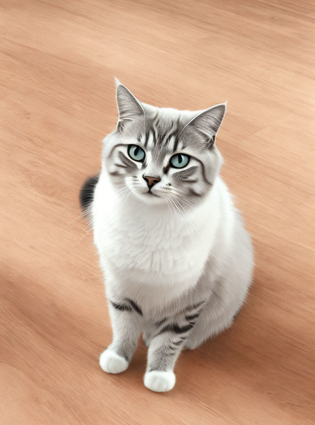 Grey and White Cat with Blue Eyes on Wooden Floor