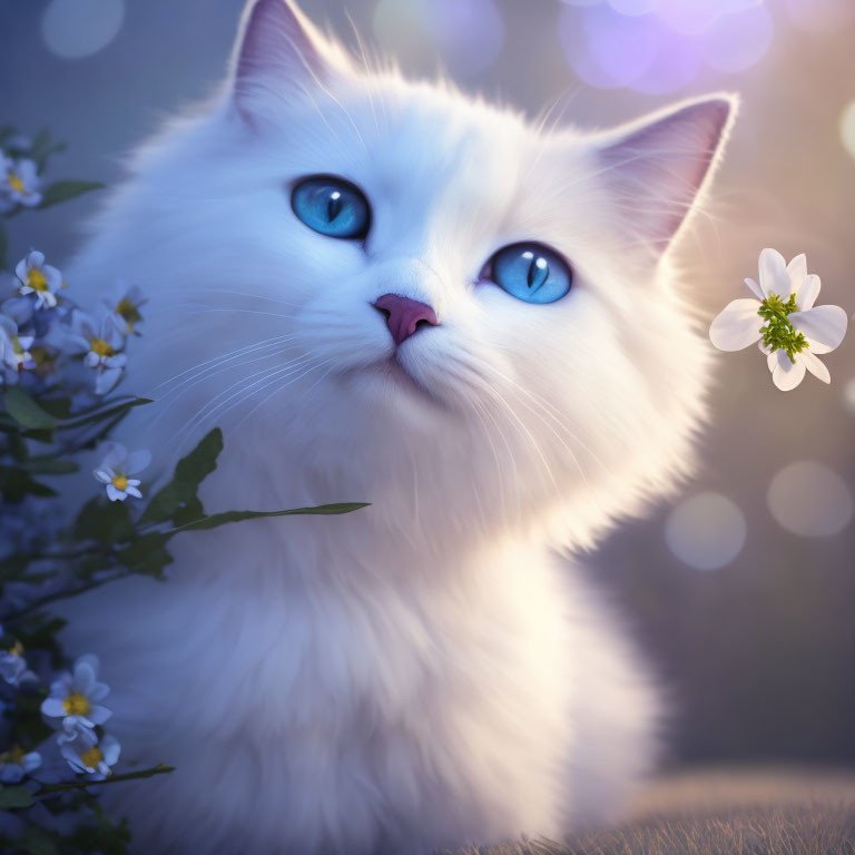 White Cat with Blue Eyes Surrounded by Flowers in Soft Light