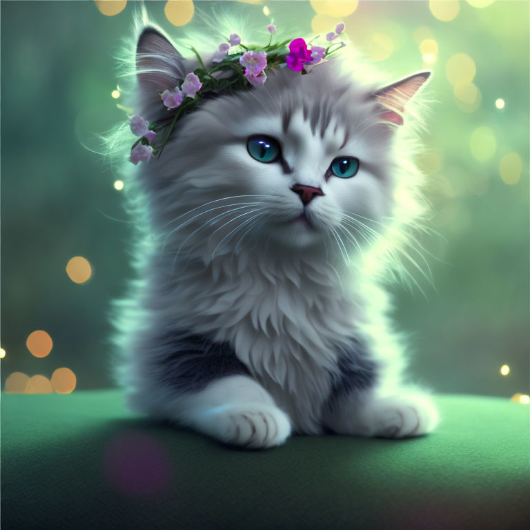 Fluffy Cat with Blue Eyes in Flower Crown on Bokeh Background
