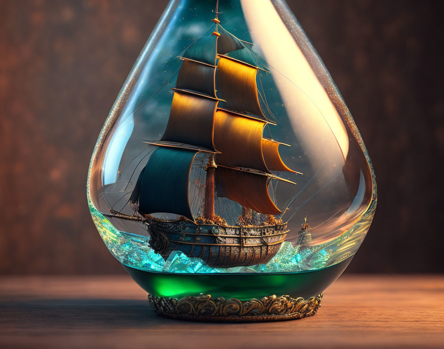 a tiny pirate sailing ship inside a glass flask