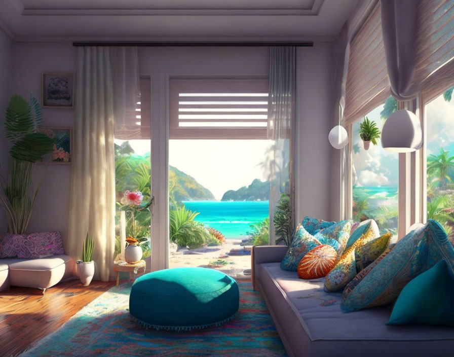 Colorful Cushions & Blue Ottoman in Beachside Room with Tropical View