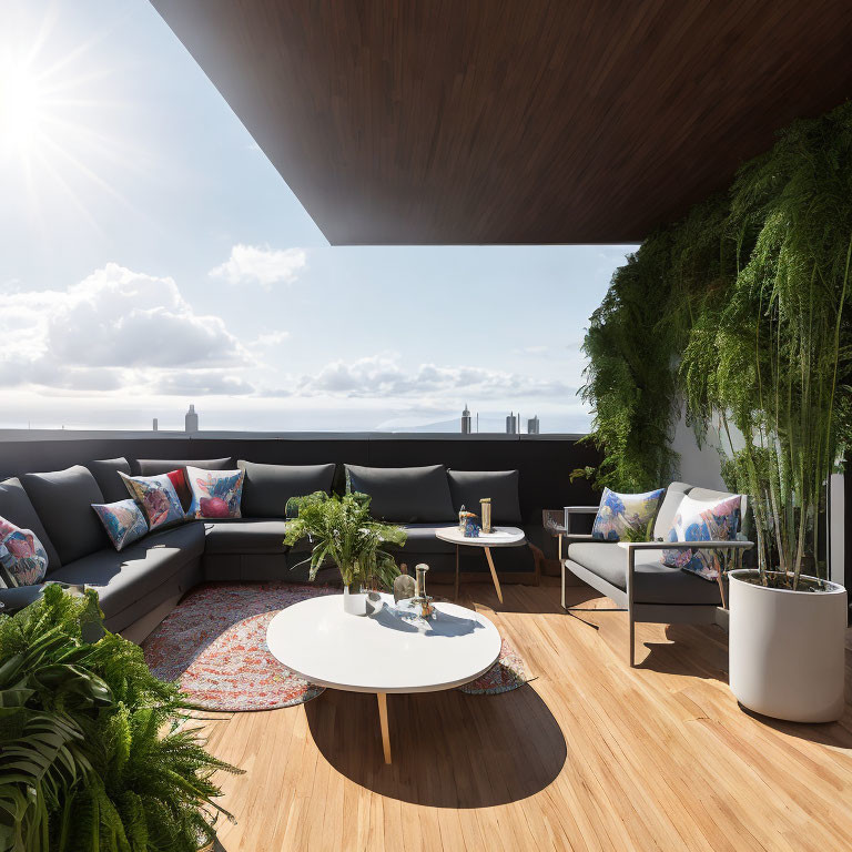 Modern balcony with wooden floor, L-shaped sofa, cushions, table, potted plants, sunny sky