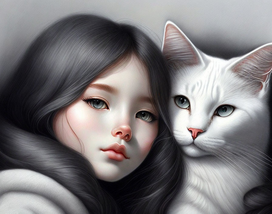 Digital painting of girl with long dark hair and white cat with blue eyes.