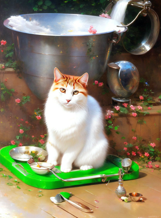 Fluffy white and ginger cat on green tray with silverware and flowers