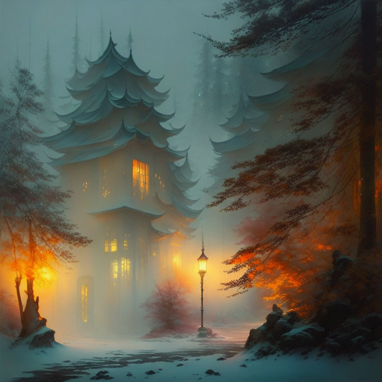 Chinese house, autumn mist