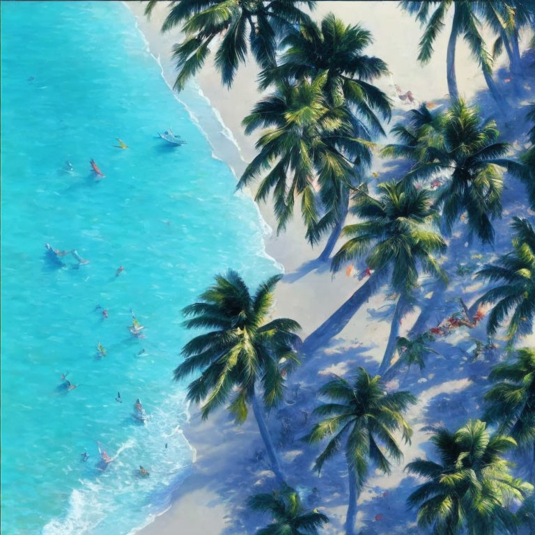 Tropical Beach Scene with Swimmers and Surfers in Turquoise Water