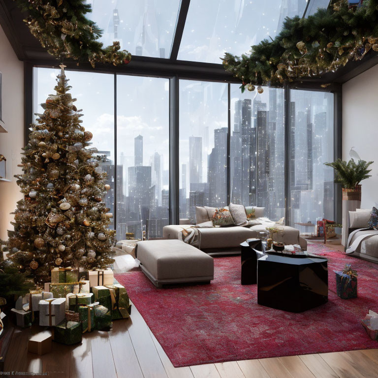 Modern Christmas living room with large tree and city view
