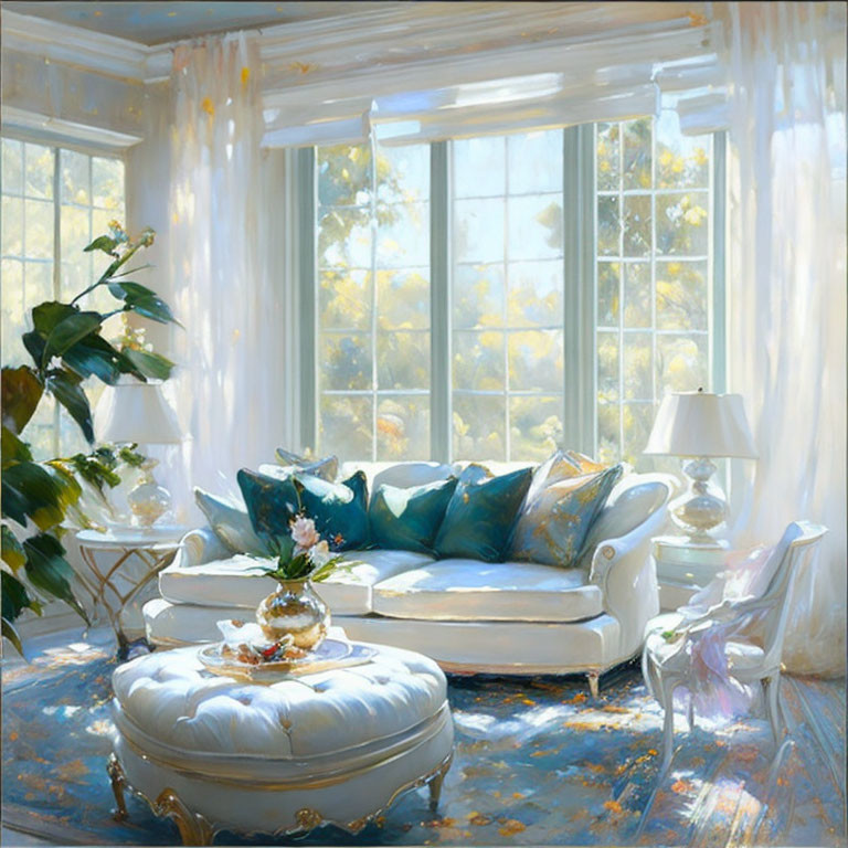 Sunlit Room with White Sofa, Blue Cushions, Ottoman, Lamps, and Greenery View