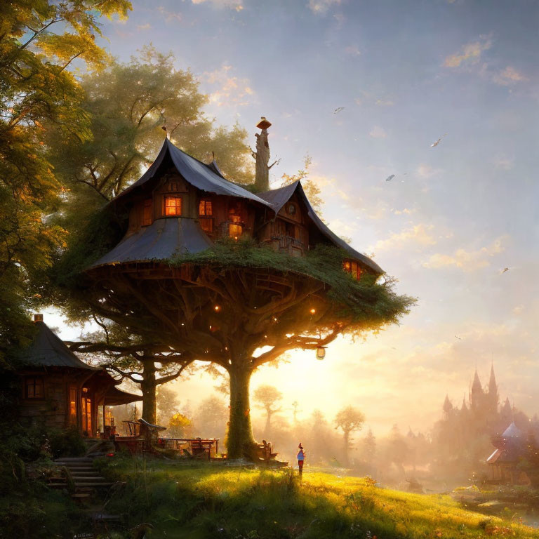 Whimsical treehouse with warm lights in grand tree overlooking serene landscape at sunset