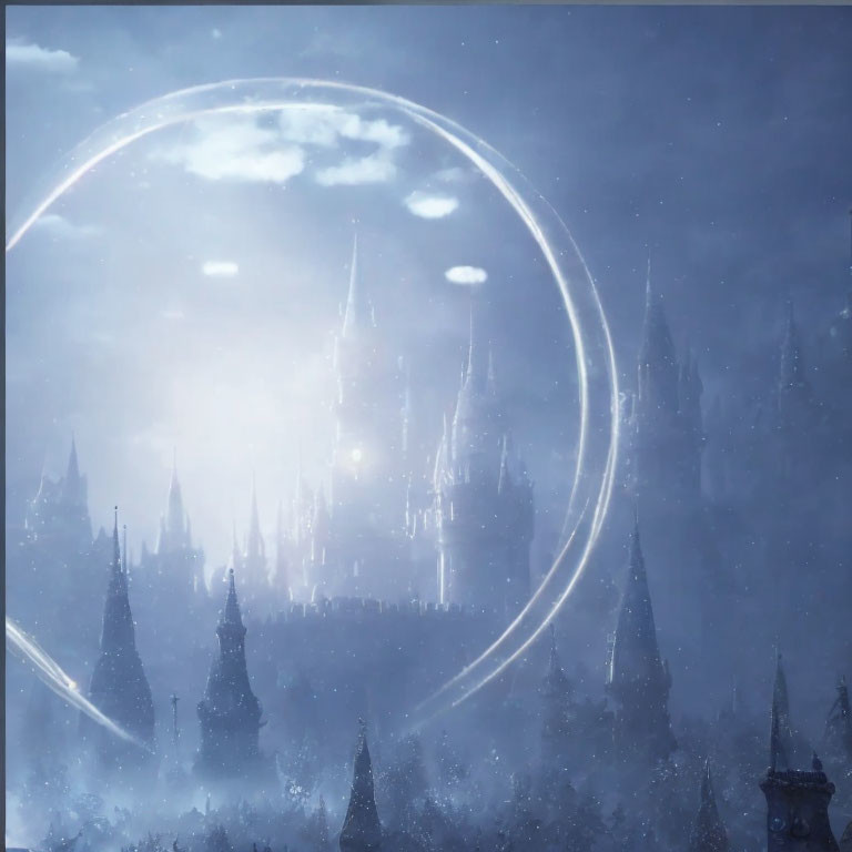 Mystical castle at night with glowing orb and magical rings in snowy mist