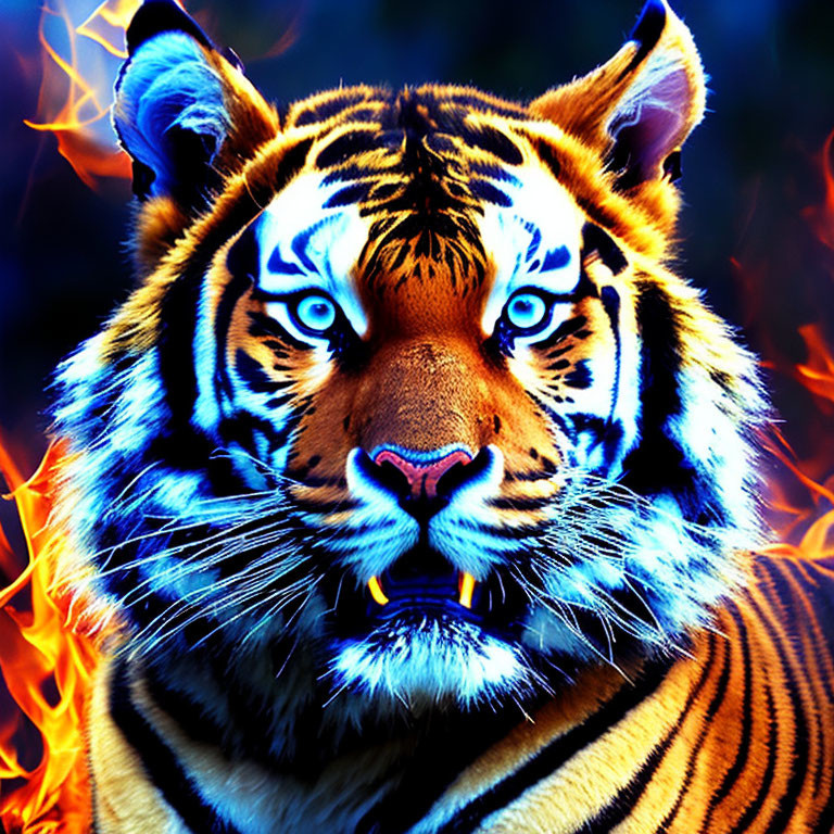 Vibrant digital art: Tiger's face with blue eyes in fiery backdrop