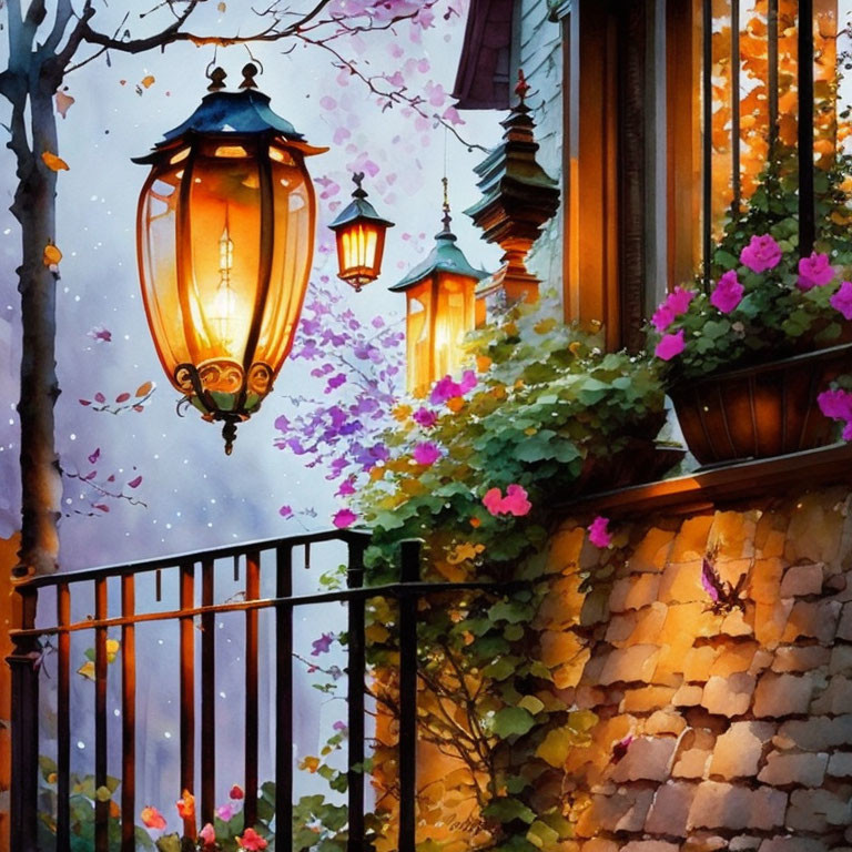 Tranquil evening scene with glowing lanterns and flowering vines by stone wall