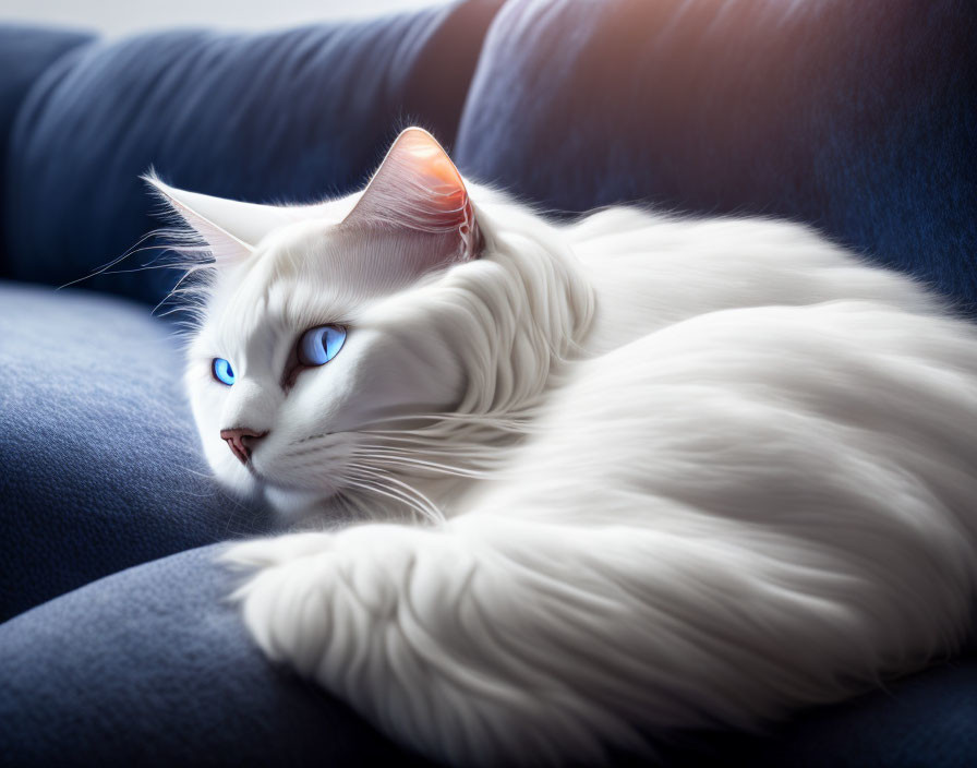 White Long-Haired Cat with Blue Eyes Relaxing on Blue Couch