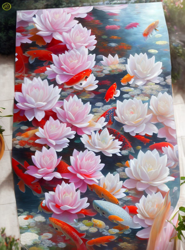 Colorful painting of pink water lilies and koi fish in a serene pond
