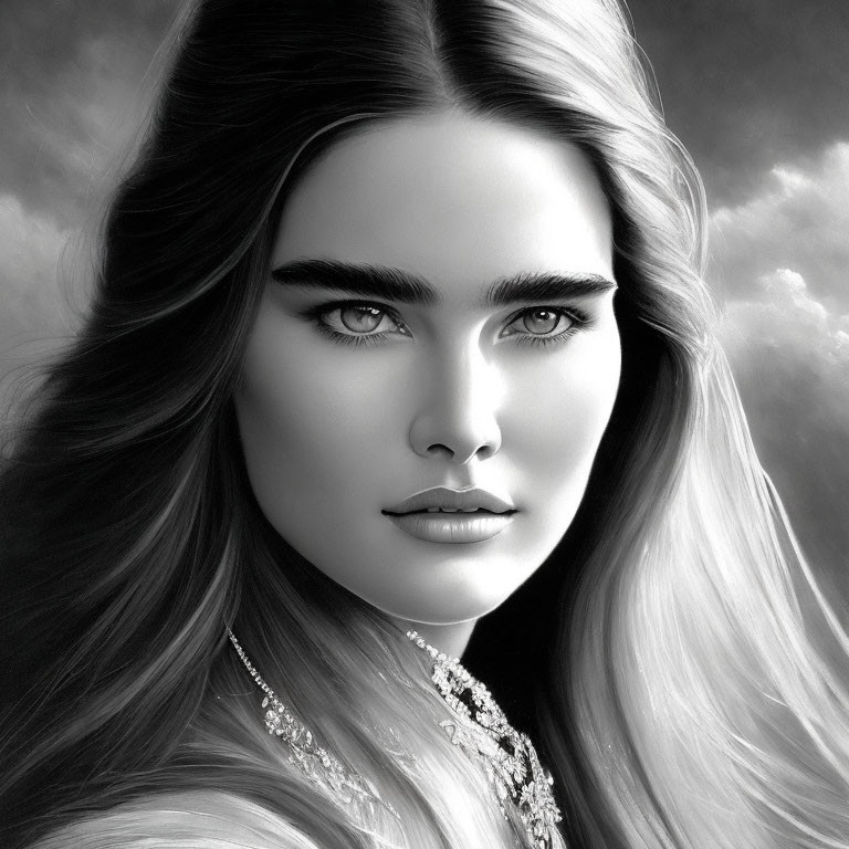 Intense-eyed woman in monochrome portrait with flowing hair and decorative necklace