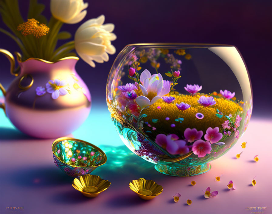Colorful digital artwork of glass vase, blooming flowers, seashells, and tulips on