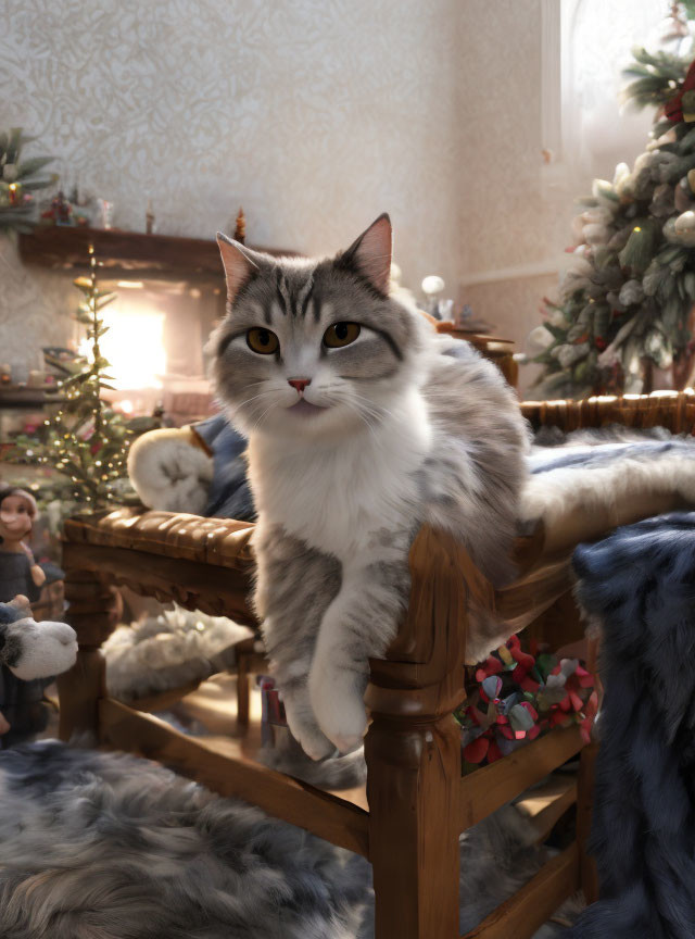 fluffy cat in the christmas decorated chair