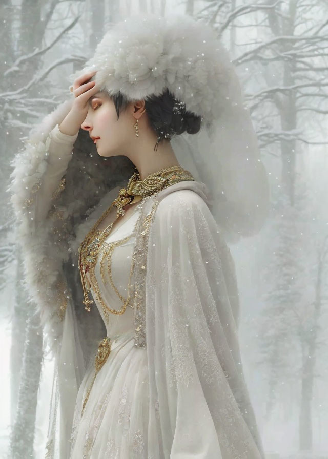 Woman in white fur hat and cape with gold jewelry standing in snowy forest