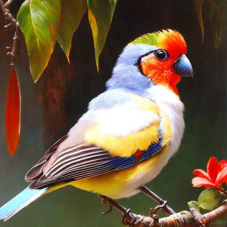 Vibrant colorful bird perched on branch with red head and blue wings