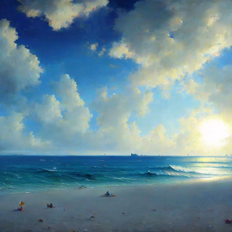 Tranquil beach scene with blue sea, cloudy sky, rolling waves, ships on horizon, people