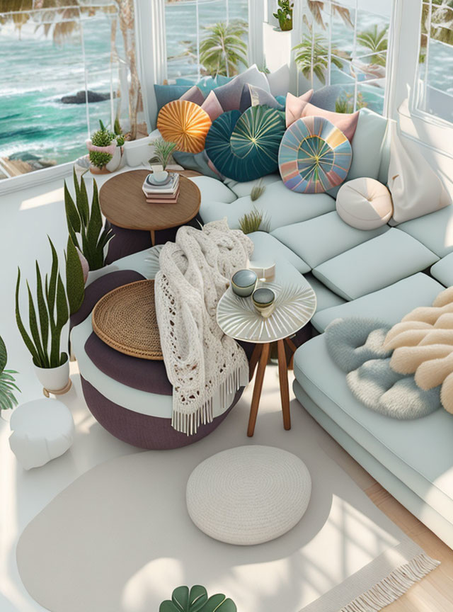 Sunlit room with cushioned bench, colorful pillows, knit blanket, wooden table, plants, palm