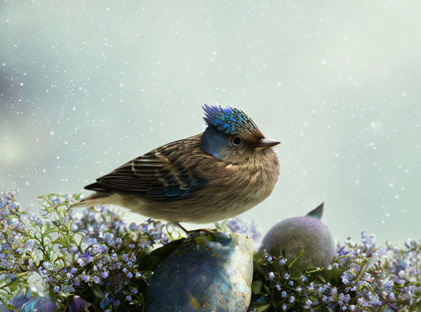 Blue-speckled bird perched on flowering plants under starry sky