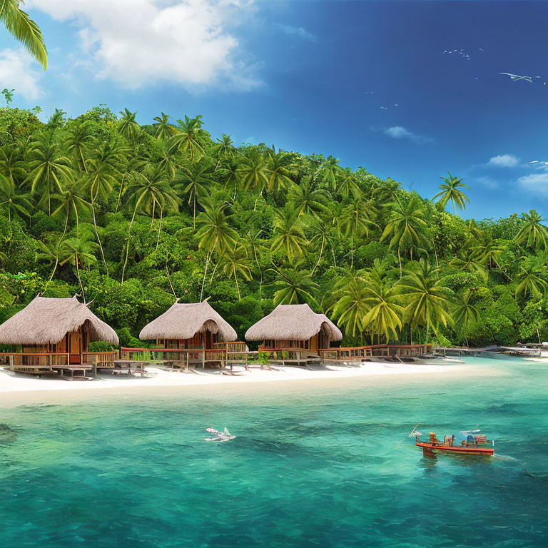 Tropical Beach Scene with Thatched Huts, Blue Water, Greenery, Boat, and Sn