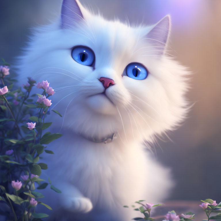White Cat with Blue Eyes Surrounded by Purple Flowers in Soft Light