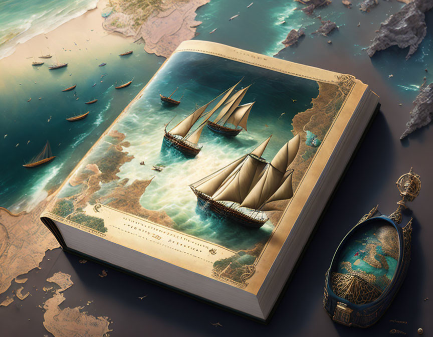 Realistic sailing ships on sea map with compass and coasts