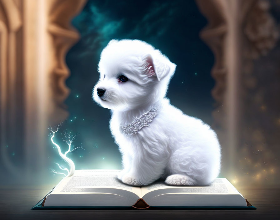 Fluffy white puppy on open book with magical wisps against starry backdrop